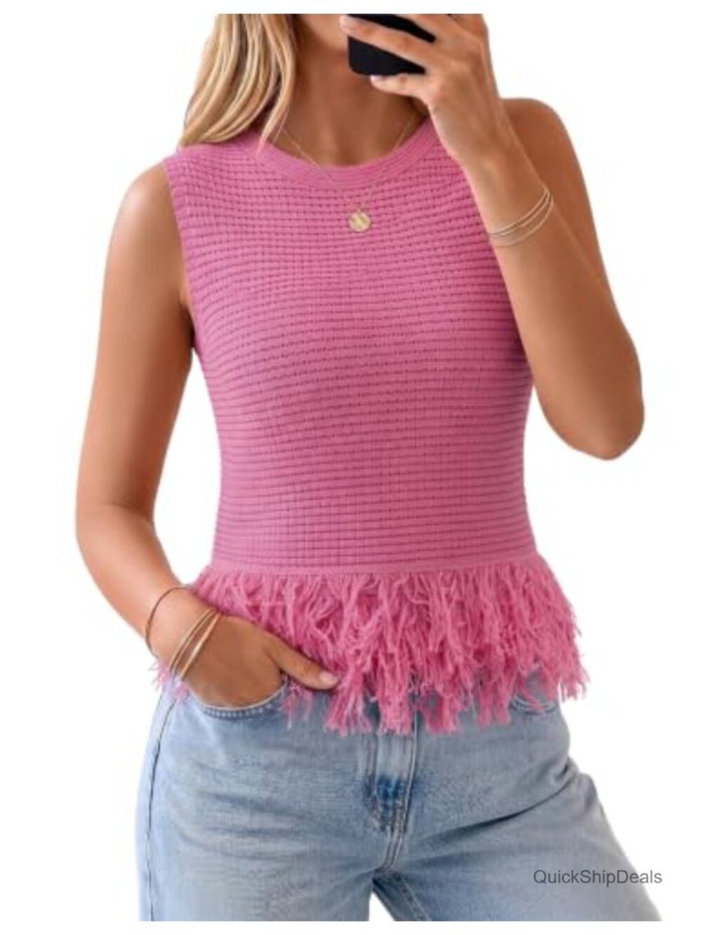 Sleeveless Crochet Knit Sweater Vest Fringe Hem Boho Tank Top
